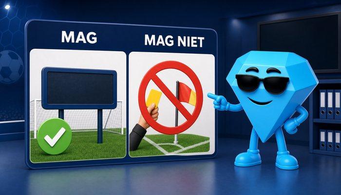 Links een scorebord met een groen vinkje, rechts een gele kaart en een cornervlag achter een rood verbodsteken