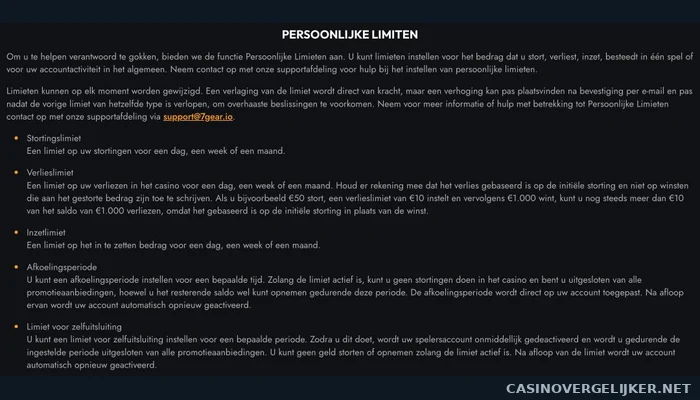 De persoonlijke limieten op de pagina Verantwoord spelen van 7Gear