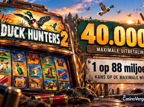 Duck Hunters 2 gokkast met borden voor de maximale uitbetaling van 40.000x en de kans van 1 op 88 miljoen