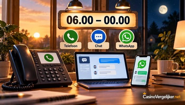 Telefoon, laptop met chat en smartphone op een bureau, met de bereikbaarheid van de hulplijn van 06.00 tot 00.00 uur
