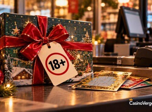 Ingepakte kalender met krasloten op een winkelbalie met een cadeaulabel 18+