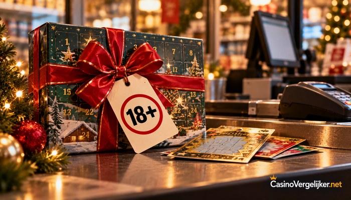 Ingepakte kalender met krasloten op een winkelbalie met een cadeaulabel 18+
