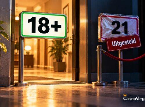Bord met 18+ bij een ingang en een afgezet bord 21 met het label uitgesteld