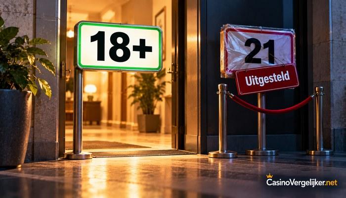 Bord met 18+ bij een ingang en een afgezet bord 21 met het label uitgesteld