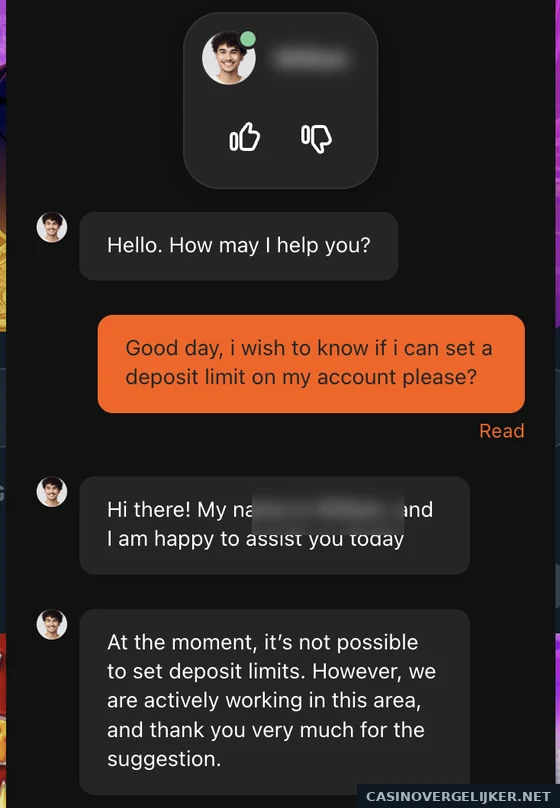 Het livechatgesprek met support van Rolly Spin over een stortlimiet