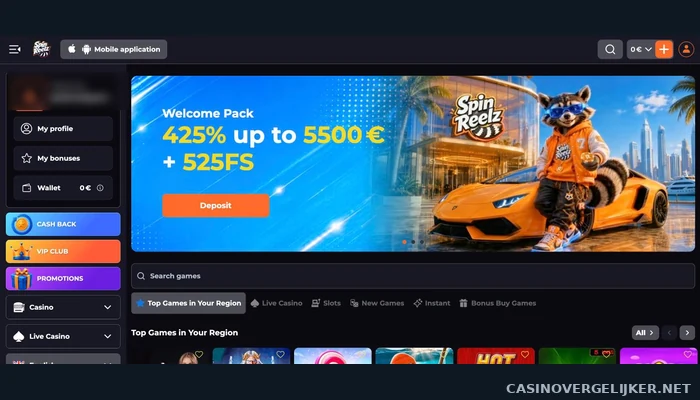 De homepage van SpinReelz