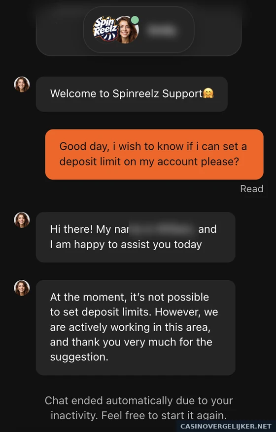Het livechatgesprek met support van SpinReelz over een stortlimiet