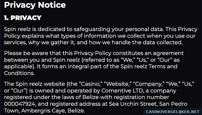 De privacyverklaring van SpinReelz met de exploitant
