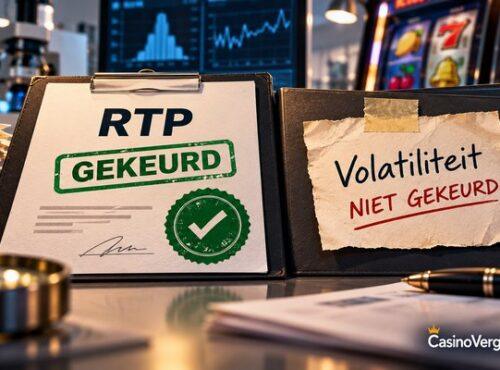 Twee keuringskaarten naast elkaar: RTP gekeurd met stempel, de volatiliteit van een gokkast niet gekeurd