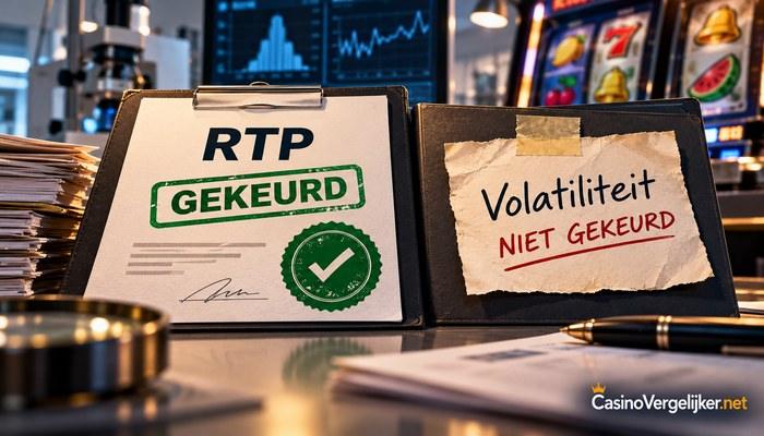 Twee keuringskaarten naast elkaar: RTP gekeurd met stempel, de volatiliteit van een gokkast niet gekeurd