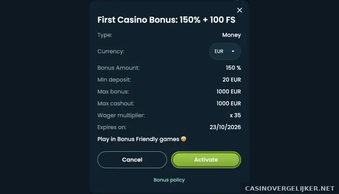 Het infovenster van de First Casino Bonus in de kassa van Wakuna
