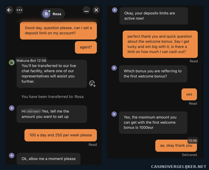 Het livechatgesprek met support van Wakuna over de stortlimiet en de max cashout