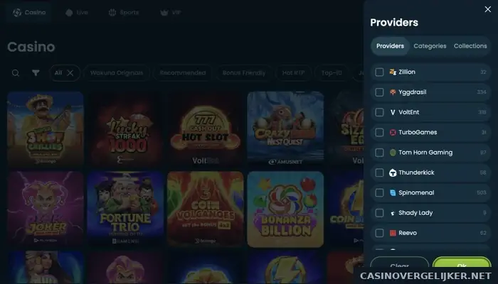 De casinolobby van Wakuna met het providerfilter