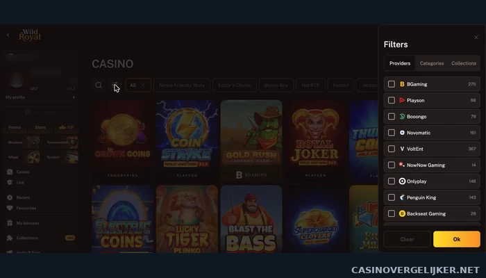 De casinolobby van Wild Royal met het providerfilter
